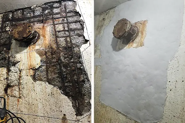 before and after example of vertical concrete repair of spalling